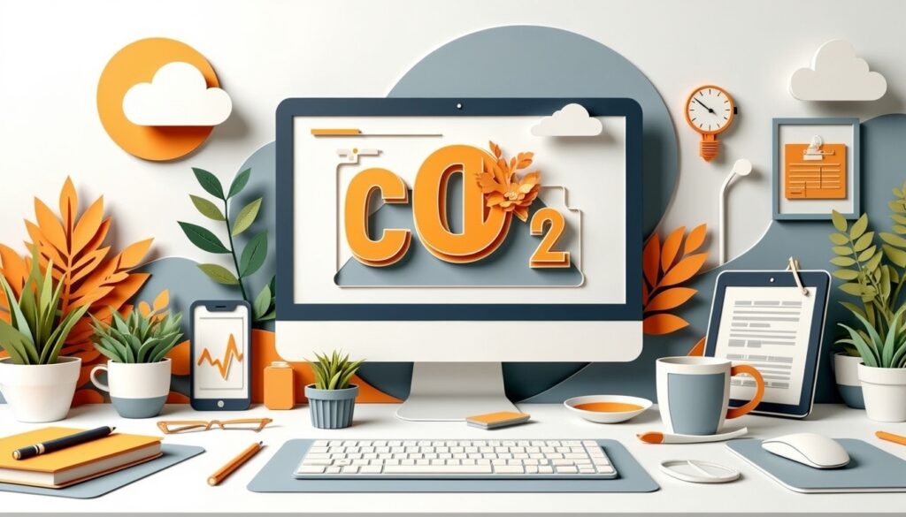Ein Computer auf einem Schreibtisch zeigt "CO2" an, umgeben von Pflanzen, Kaffee und Öko-Dekor.