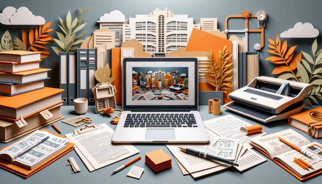 Laptop auf dem Schreibtisch, umgeben von Büchern, Papieren und Büromaterial in einer orangefarbenen, akademischen Umgebung.