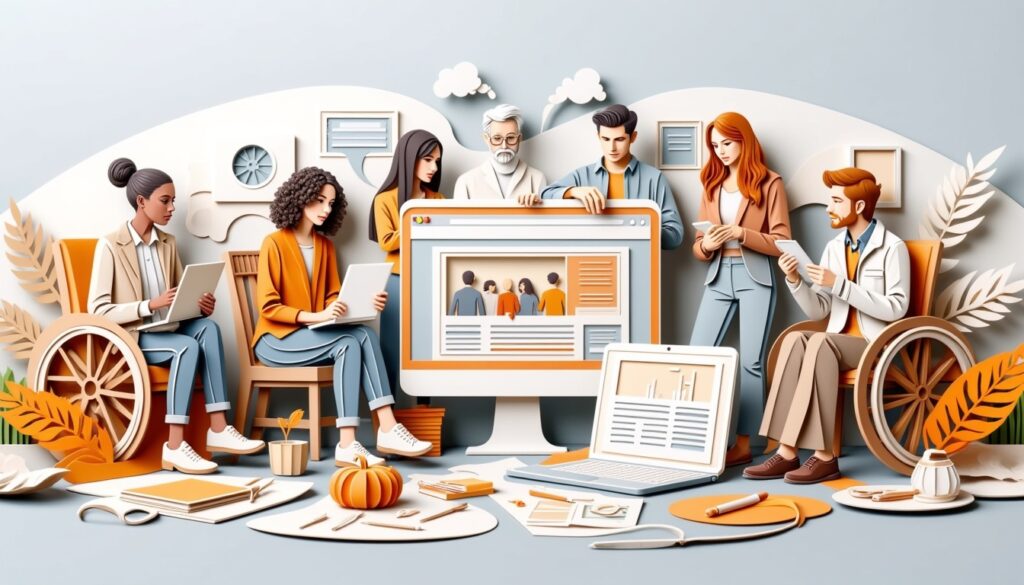 Eine bunt gemischte Gruppe diskutiert an einem großen Bildschirm und einem Laptop in einem modernen, gemeinschaftlichen Arbeitsraum über Projekte.