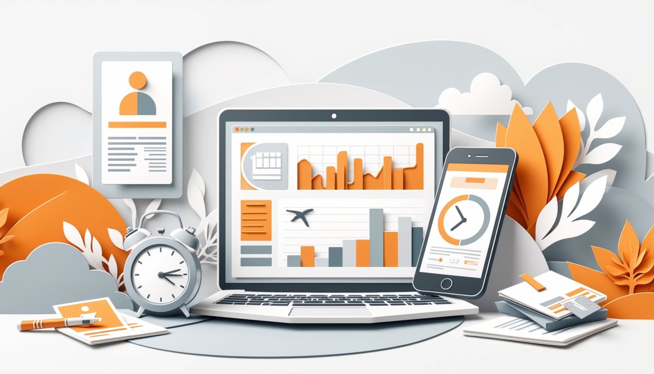 Ein Laptop, ein Telefon, eine Uhr und Tabellen mit orangefarbenen und grauen Grafiken, die Produktivität und Datenanalyse symbolisieren.
