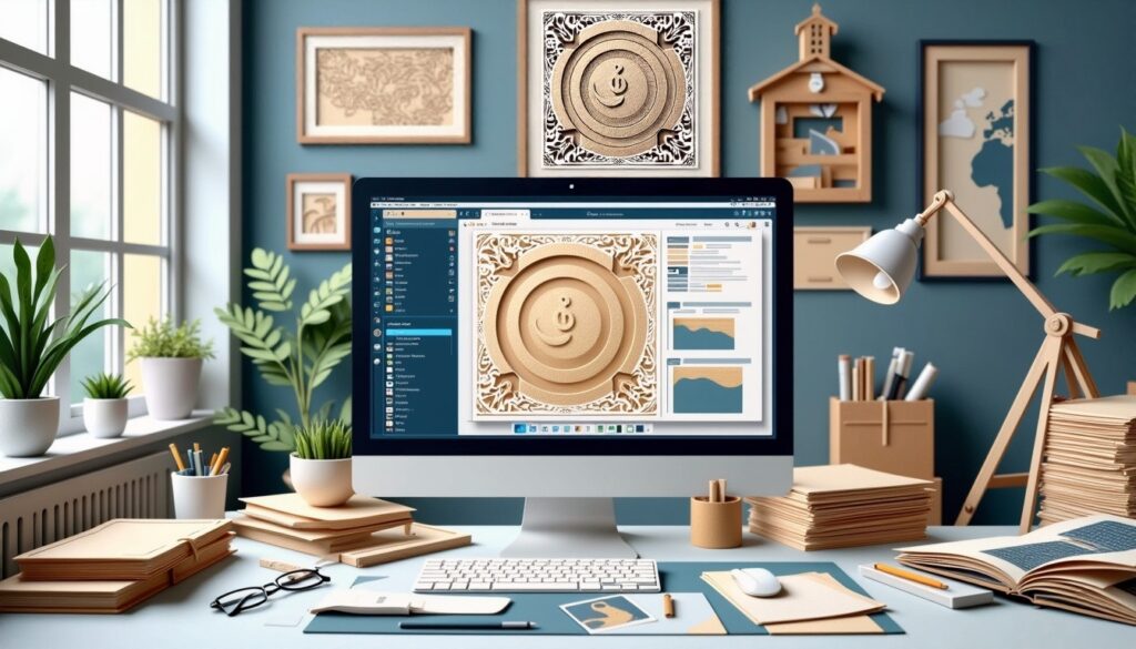 Ein moderner Schreibtisch mit einem Computer, auf dem Kunst und Tabellen zu sehen sind, umgeben von Pflanzen und dekorativer Wandkunst.