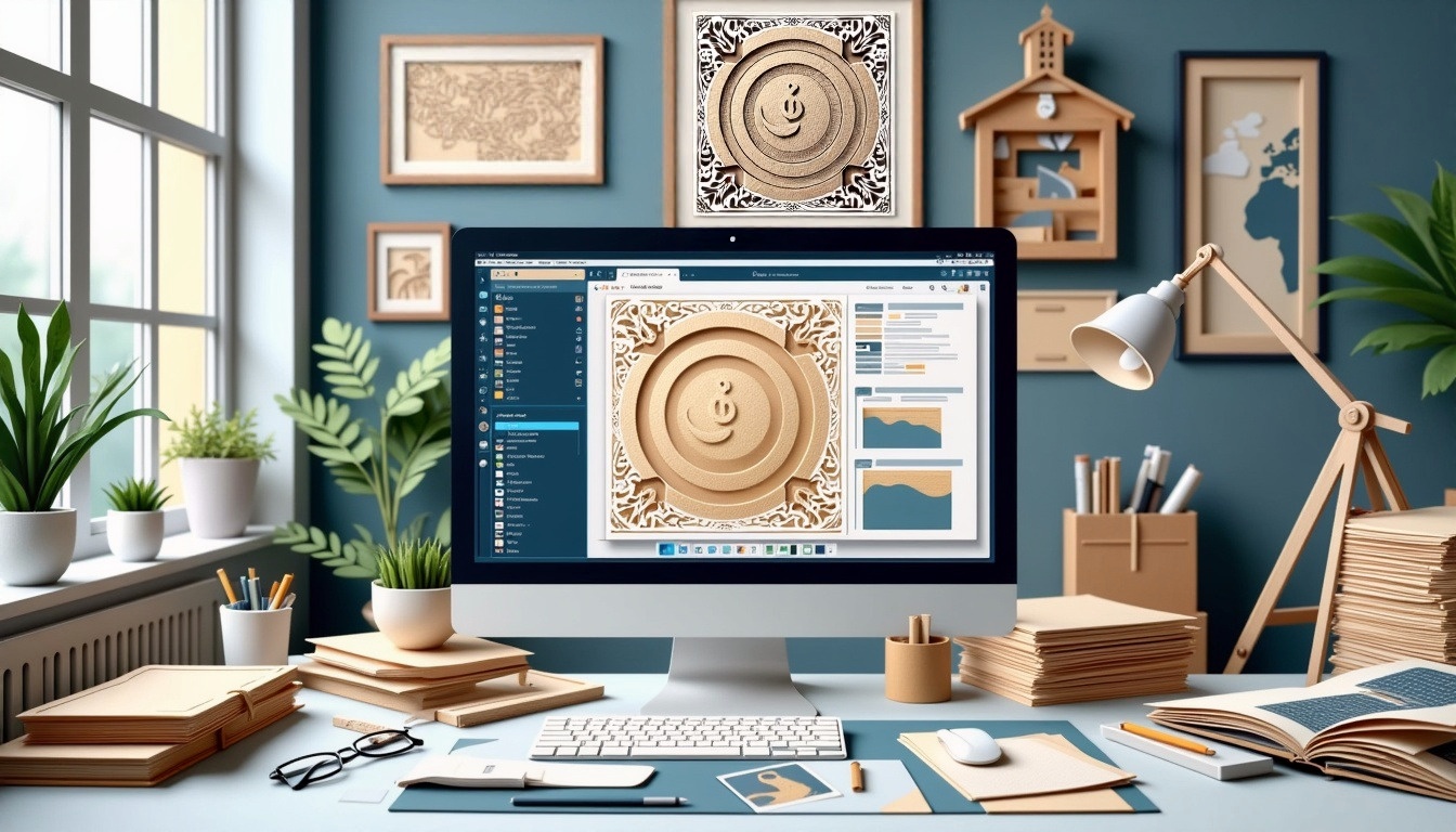 Ein moderner Schreibtisch mit einem Computer, auf dem Kunst und Tabellen zu sehen sind, umgeben von Pflanzen und dekorativer Wandkunst.