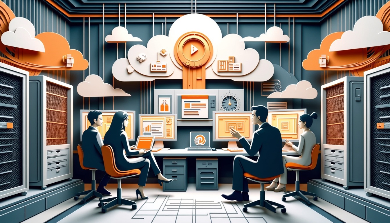 Vier Personen arbeiten an Computern in einem futuristischen Büro mit Cloud- und Datensymbolen an den Wänden.