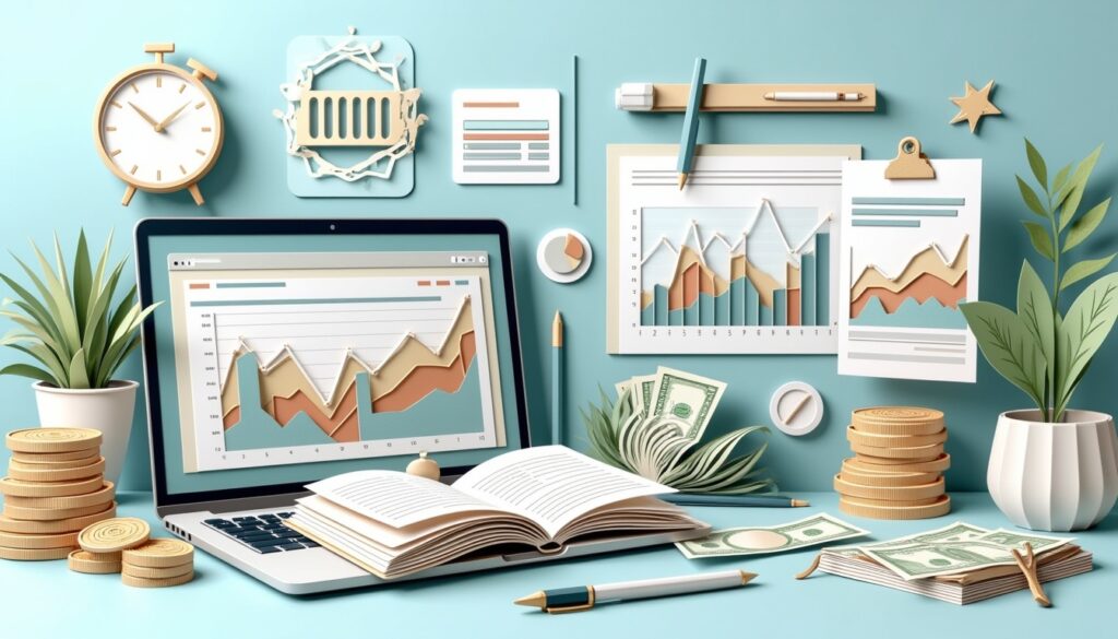 Schreibtisch mit Laptop, Finanztabellen, Münzen, Bargeld, Pflanzen und Büromaterial in Pastellfarben.