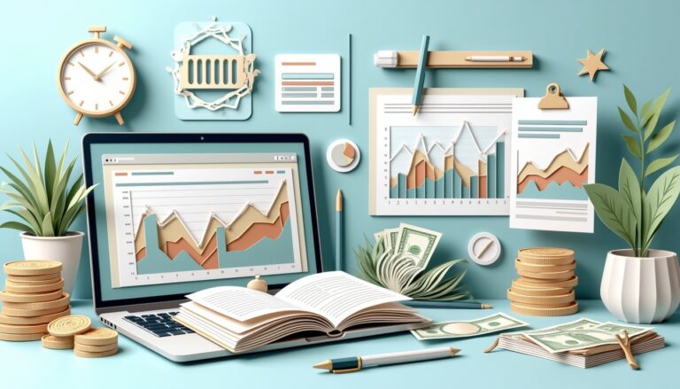 Schreibtisch mit Laptop, Finanztabellen, Münzen, Bargeld, Pflanzen und Büromaterial in Pastellfarben.