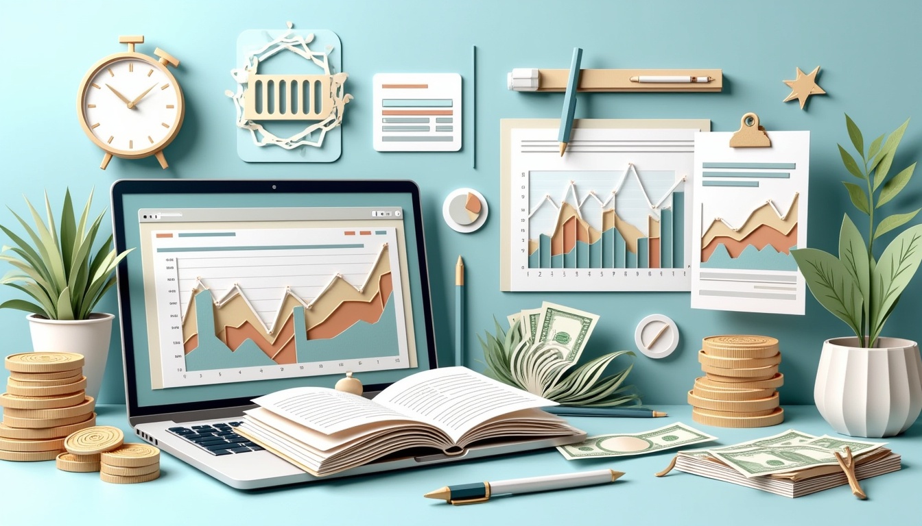 Schreibtisch mit Laptop, Finanztabellen, Münzen, Bargeld, Pflanzen und Büromaterial in Pastellfarben.