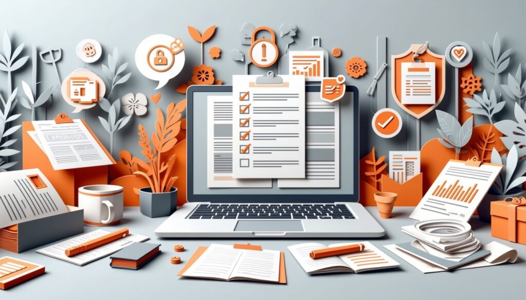 Ein Laptop, umgeben von Dokumenten, Tabellen, Klemmbrettern und Büromaterial in einem organisierten Arbeitsbereich.