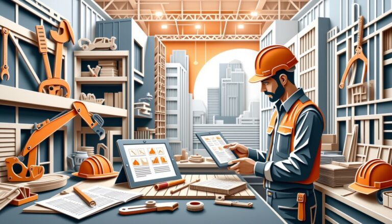 Ein Ingenieur in Schutzkleidung prüft digitale Pläne auf einem Tablet in einer Werkstatt voller Werkzeuge und Stadtansichten.
