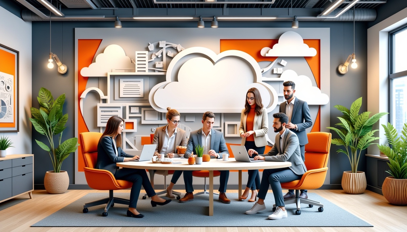 Eine Gruppe von Fachleuten arbeitet an einem runden Tisch in einem modernen Büro mit Wandkunst zum Thema Wolken zusammen.