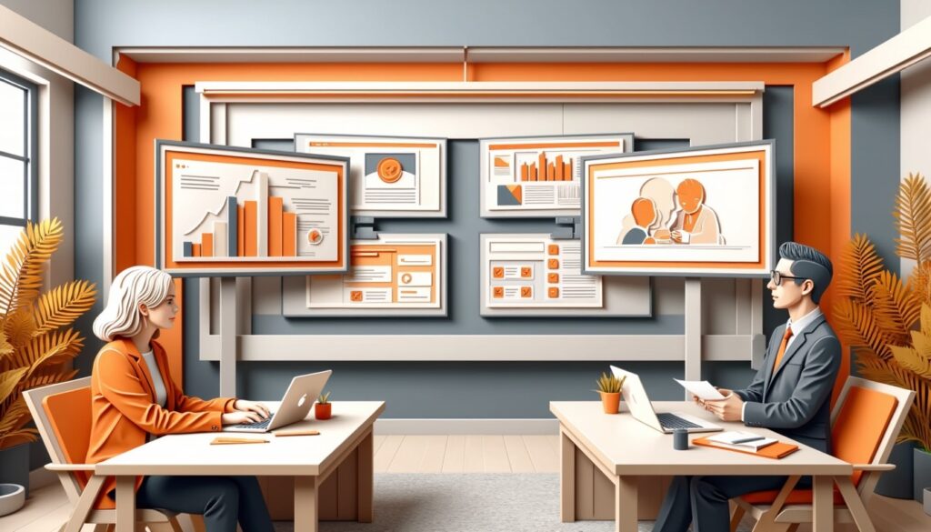 Zwei Personen arbeiten an Schreibtischen in einem modernen Büro mit Diagrammen und Grafiken, die auf Wandbildschirmen angezeigt werden.