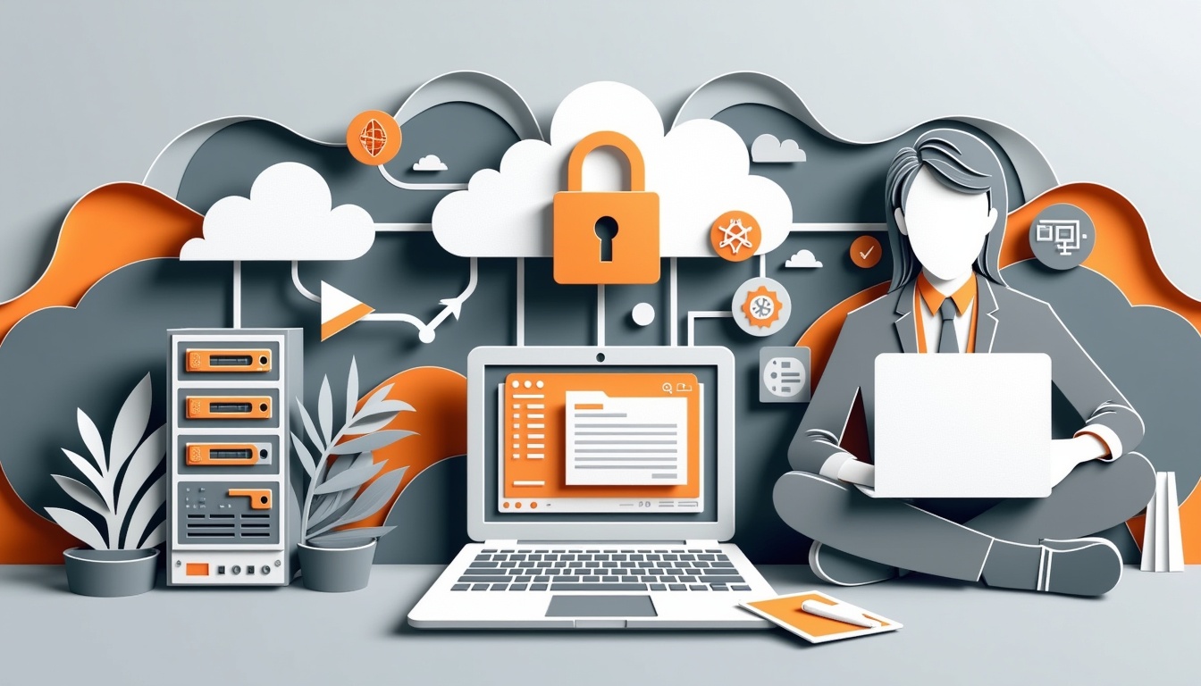 Illustration einer Person mit einem Laptop, Cloud-Symbolen, einem Schloss und einem Server für Cybersicherheit und Cloud Computing.