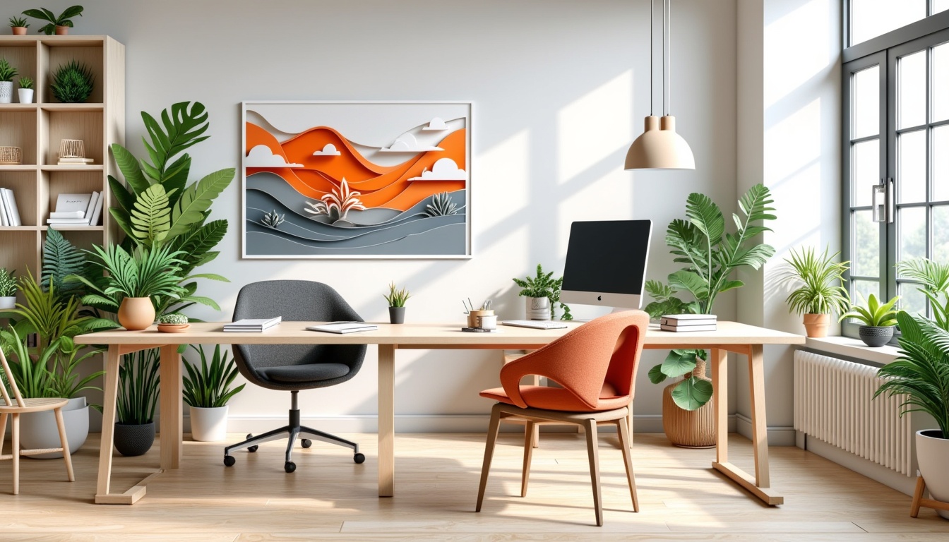Modernes Büro mit Holzschreibtischen, Grünpflanzen, großen Fenstern und abstrakter Kunst an der Wand.