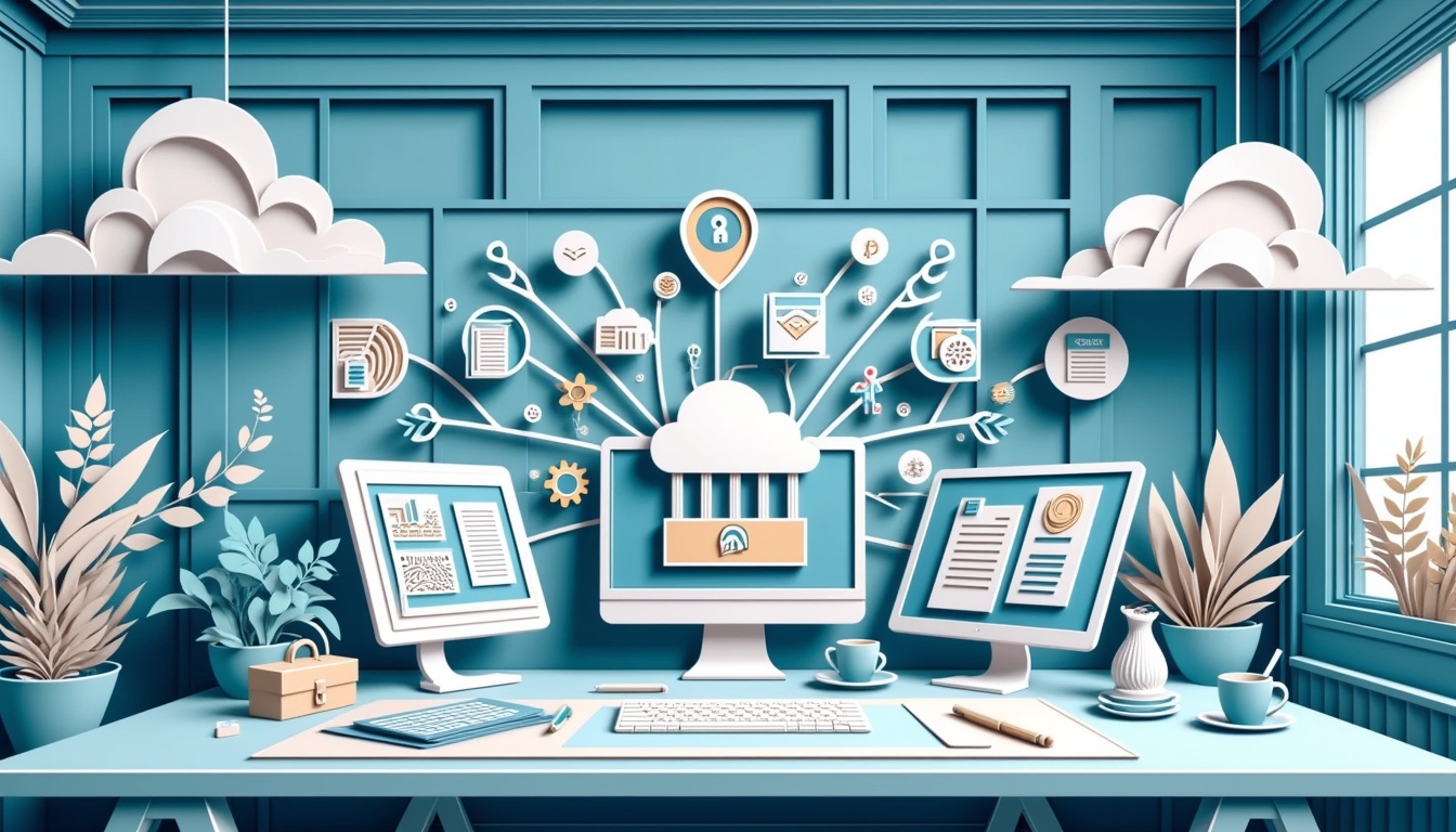 Bürotisch mit Computern, Cloud-Symbolen und Dokumenten, die für Cloud Computing und die gemeinsame Nutzung von Daten stehen.