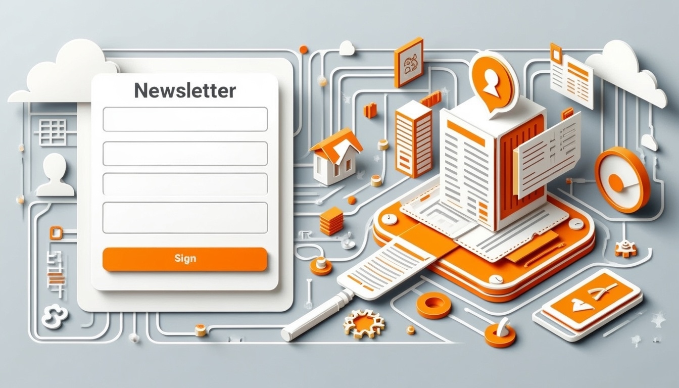 3D-Illustration eines digitalen Newsletter-Anmeldeformulars mit Symbolen für E-Mail, Cloud und soziale Medien in Orange und Weiß.