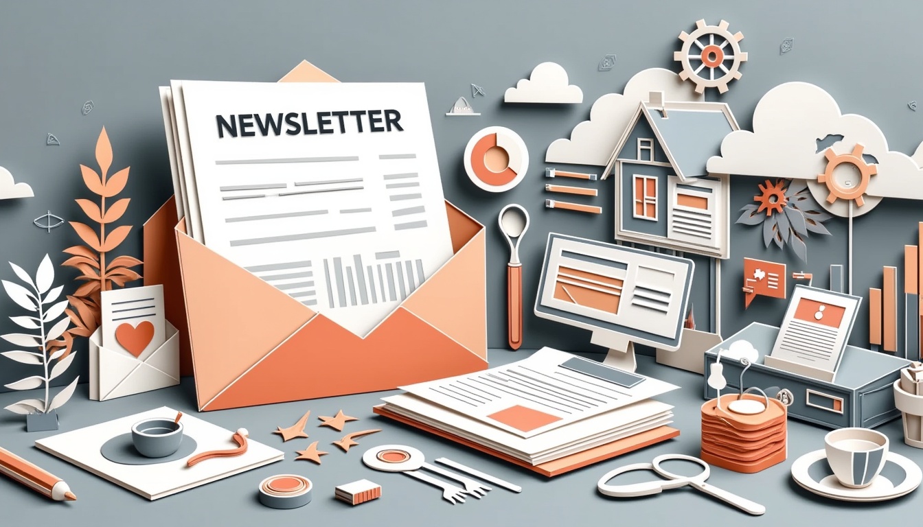 Papier-Newsletter in einem Umschlag, umgeben von Büro-, Digital- und Home-Symbolen in sanften Farben.