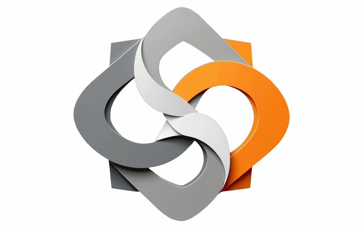 Ineinandergreifende Formen in Grau, Weiß und Orange bilden ein abstraktes, symmetrisches Design auf braunem Hintergrund.