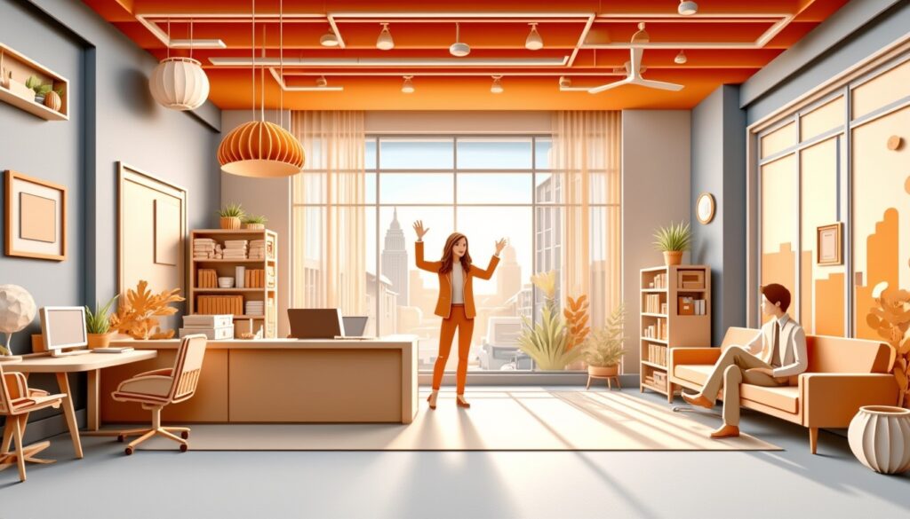 Zwei Personen interagieren in einem hellen, modernen Büro mit großen Fenstern, Schreibtischen, Pflanzen und Stadtblick.