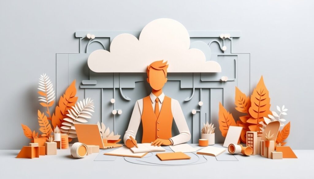 Illustration einer Person, die an einem Schreibtisch mit Cloud-Computing-Symbolen und orangefarbenen Blättern arbeitet.