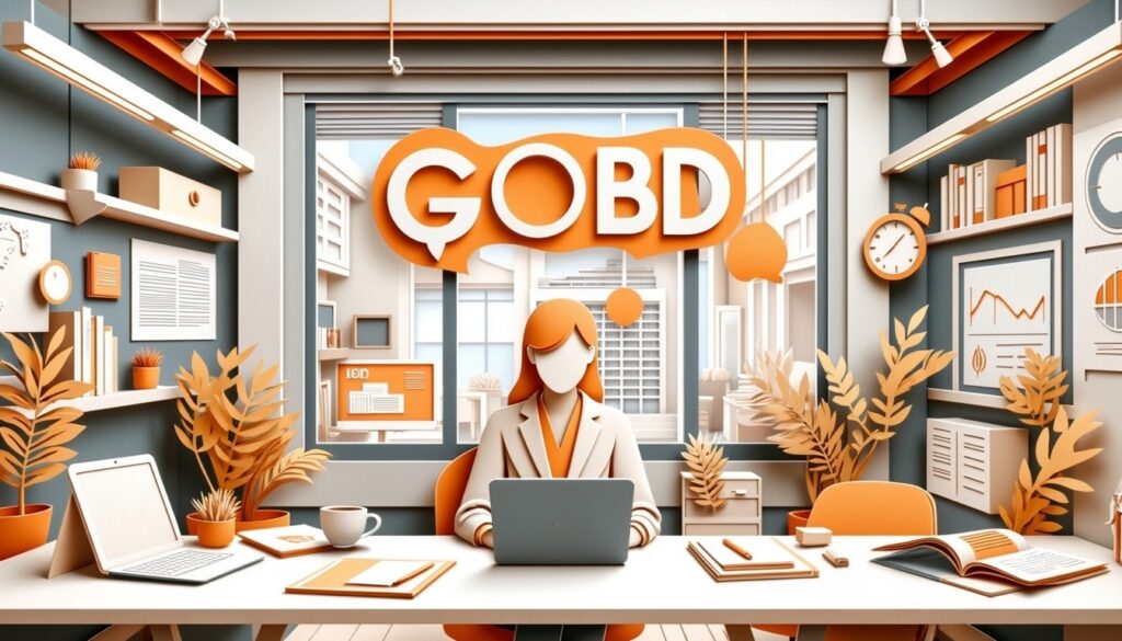 Eine Person arbeitet an einem Laptop in einem modernen Büro mit "GOBD" in fetten Buchstaben über ihrem Kopf.