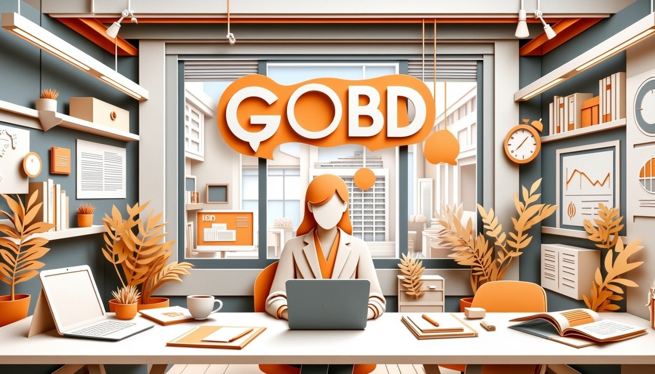 Eine Person arbeitet an einem Laptop in einem modernen Büro mit "GOBD" in fetten Buchstaben über ihrem Kopf.