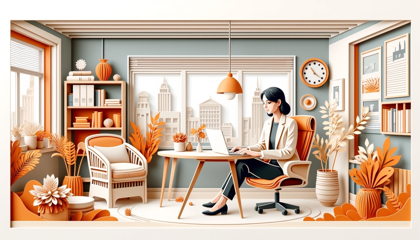 Eine Frau arbeitet an einem Laptop in einem gemütlichen, modernen Heimbüro, das mit orangefarbenen und beigen Akzenten eingerichtet ist.