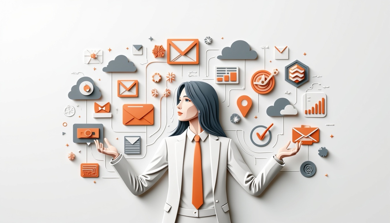 Eine Geschäftsfrau steht umgeben von digitalen Symbolen, die für Kommunikation, Daten und Cloud-Technologie stehen.