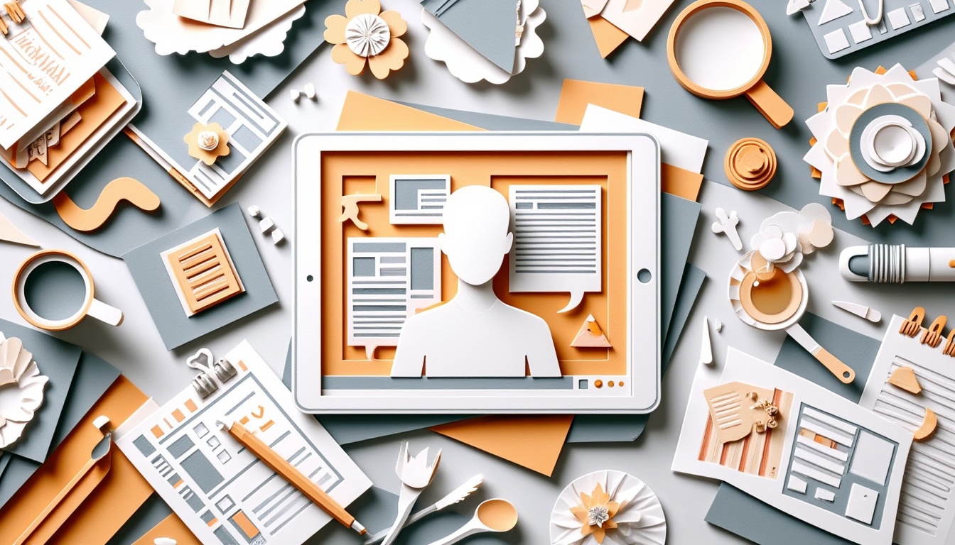 Papierausschnitt einer Person an einem Tablet, umgeben von Büchern, Kaffee und Schreibwaren in Orange- und Grautönen.