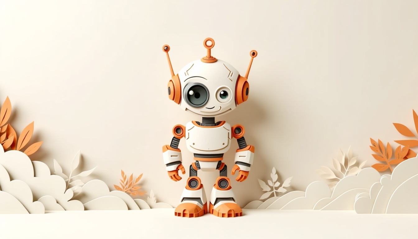 Niedlicher weißer und orangefarbener Roboter mit Antennen steht inmitten von Papierpflanzen auf einem cremefarbenen Hintergrund.