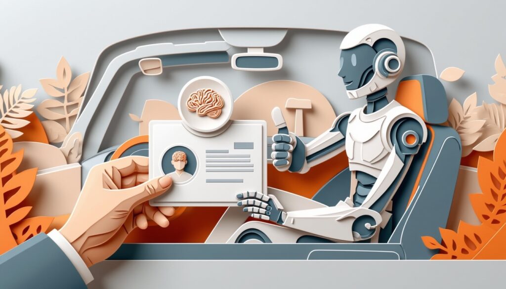 Ein Roboter in einem Auto zeigt den Daumen nach oben, während eine Hand einen Ausweis mit einem Bild des Gehirns präsentiert.