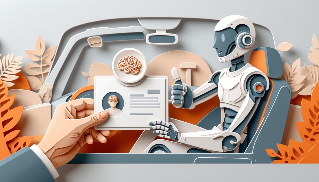 Ein Roboter in einem Auto zeigt den Daumen nach oben, während eine Hand einen Ausweis mit einem Bild des Gehirns präsentiert.