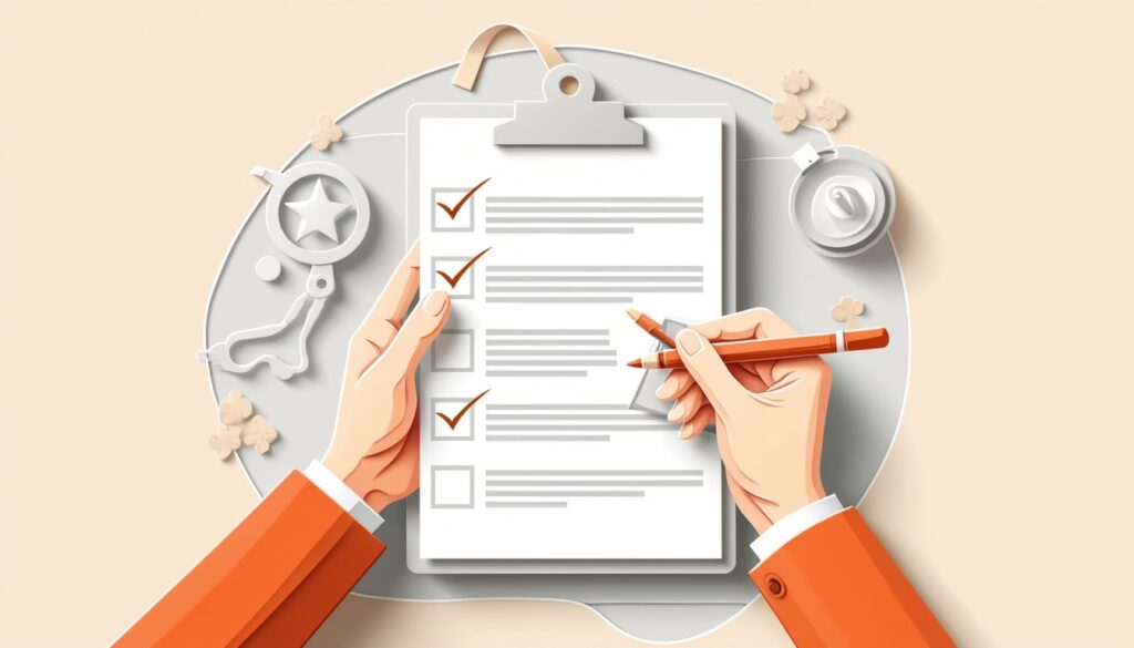Die Hände halten ein Klemmbrett mit einer Checkliste; drei Kästchen sind mit einem orangefarbenen Stift abgehakt.