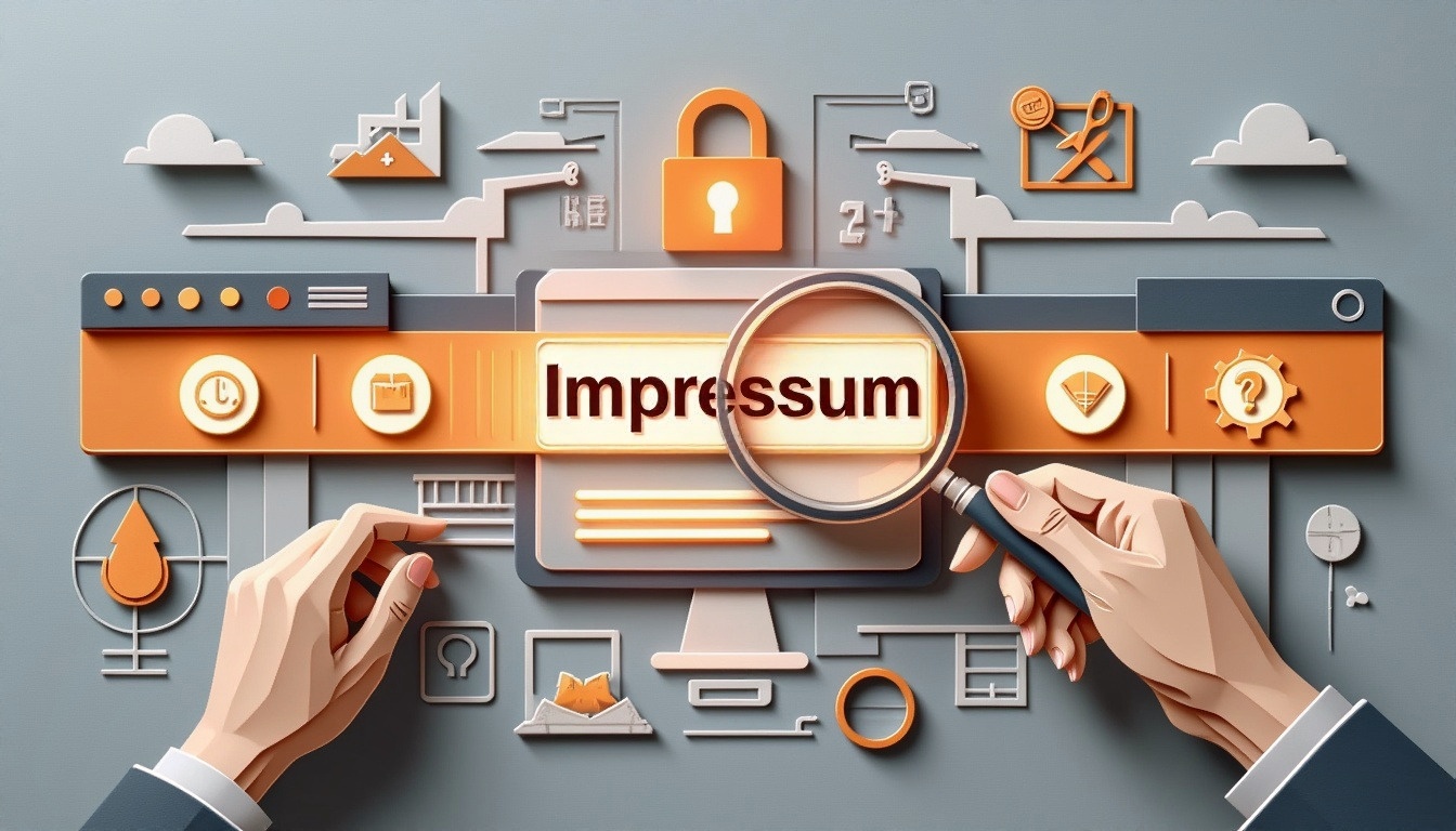 Die Hände halten ein Vergrößerungsglas über einen Bildschirm, auf dem "Impressum" mit Sicherheits- und Informationssymbolen zu sehen ist.