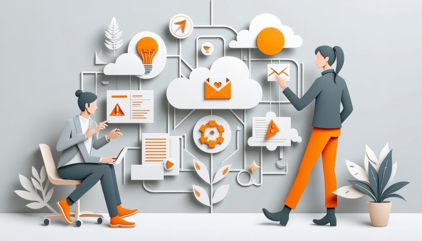 Zwei Personen interagieren mit Cloud-basierten digitalen Symbolen, Diagrammen und Dokumenten in einem modernen, kreativen Arbeitsbereich.