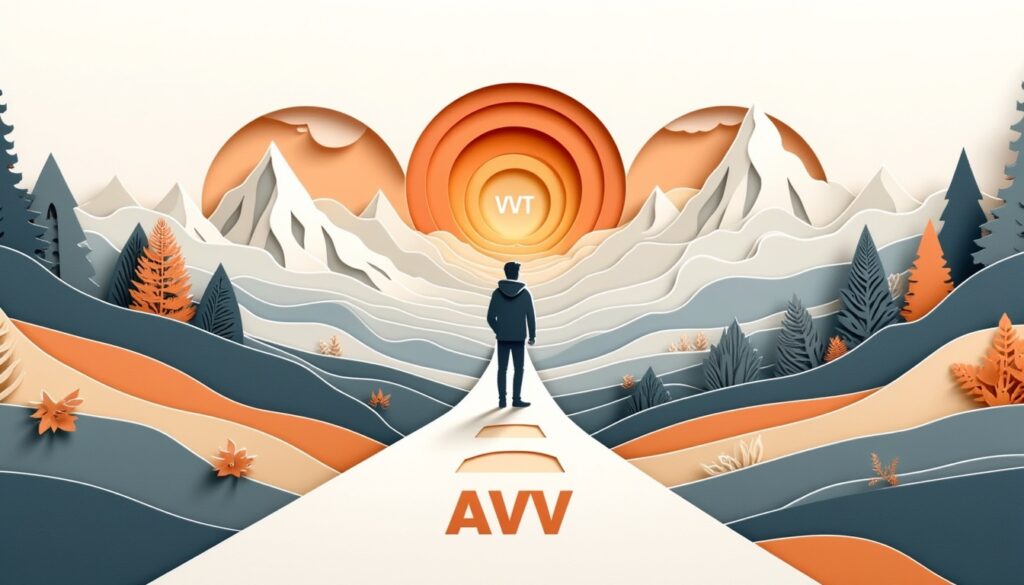 Eine Person steht auf einem Weg in Richtung Berge und einer Sonne mit "WT"; "AVV" ist auf den Weg geschrieben.