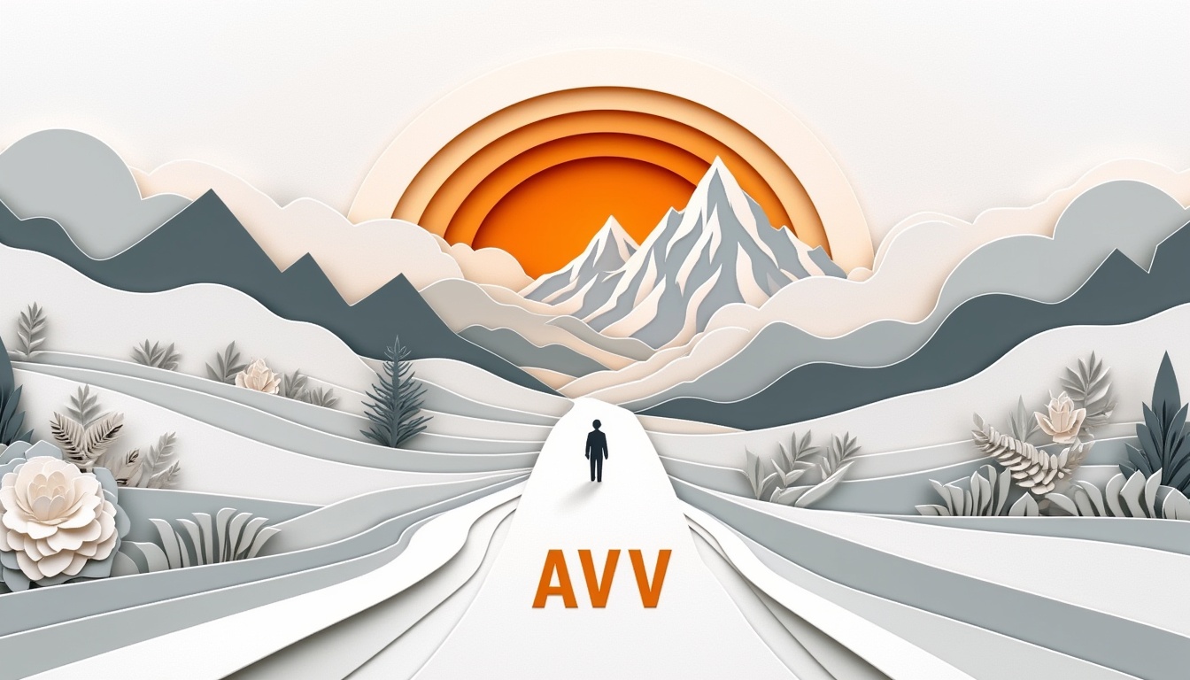 Eine Person geht auf einer Straße in Richtung Berge unter einer orangefarbenen Sonne, mit der Aufschrift "AVV" auf dem Weg.