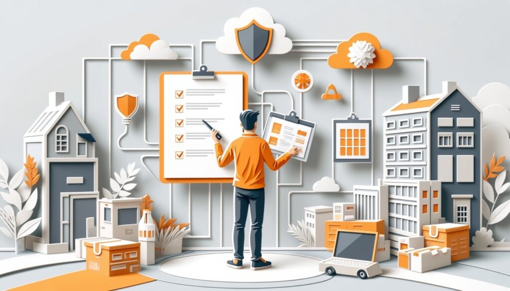 Illustration einer Person, die ein Klemmbrett überprüft, umgeben von Häusern, Sicherheitssymbolen und technischen Geräten.