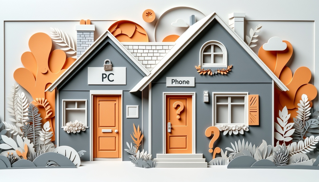 Zwei Häuser mit der Aufschrift "PC" und "Telefon" mit Fragezeichen, in einem orange-grauen Scherenschnitt-Stil.