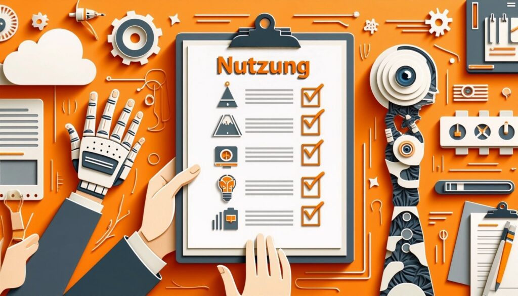 Eine Roboter- und eine menschliche Hand halten eine Checkliste mit dem Titel "Nutzung" inmitten von Zahnrädern, Diagrammen und Technologiesymbolen.