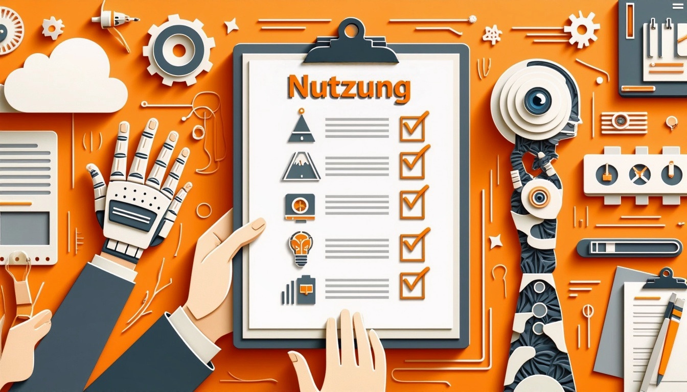 Eine Roboter- und eine menschliche Hand halten eine Checkliste mit dem Titel "Nutzung" inmitten von Zahnrädern, Diagrammen und Technologiesymbolen.