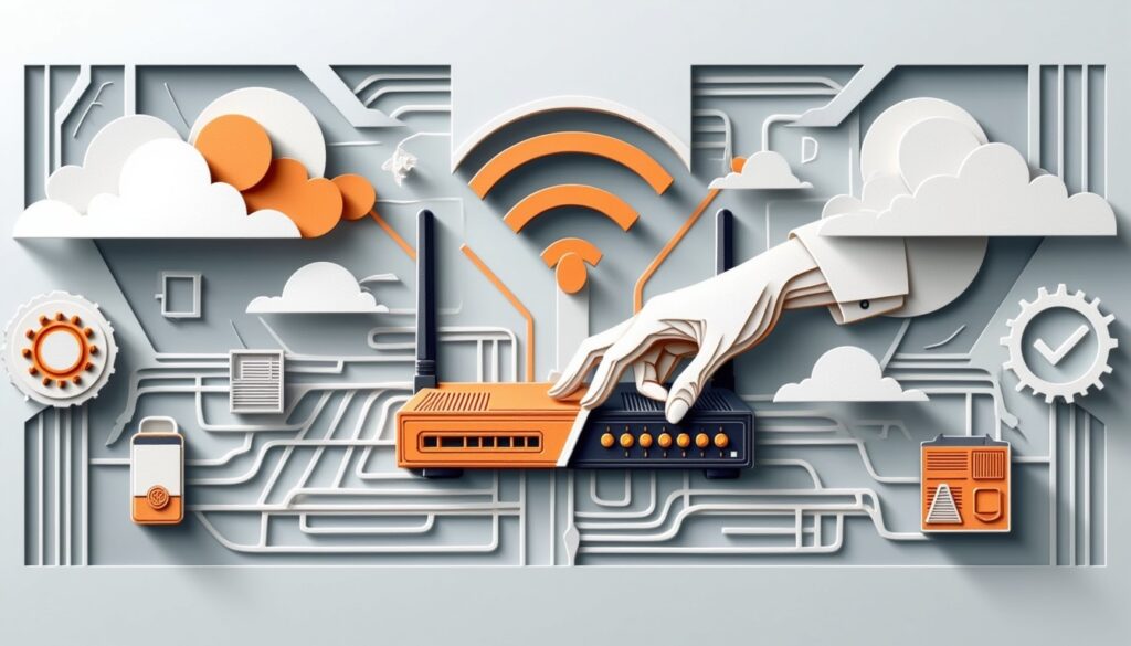Eine stilisierte Hand berührt einen Wi-Fi-Router, umgeben von Technik- und Cloud-Symbolen in Orange-, Weiß- und Grautönen.