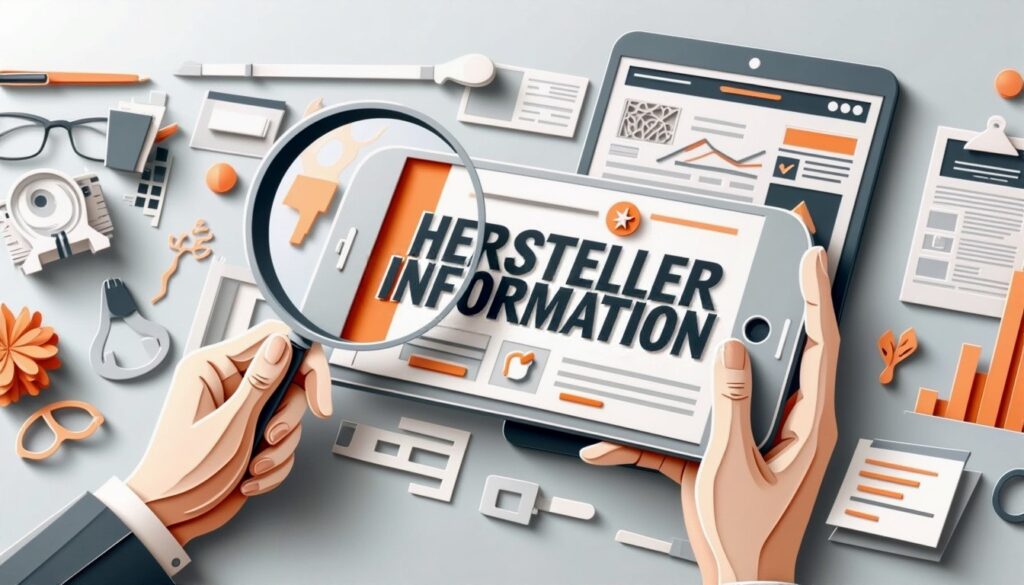 Eine Person hält ein Telefon mit der Aufschrift "Hersteller Information" inmitten von technischen und geschäftlichen Gegenständen und Diagrammen.