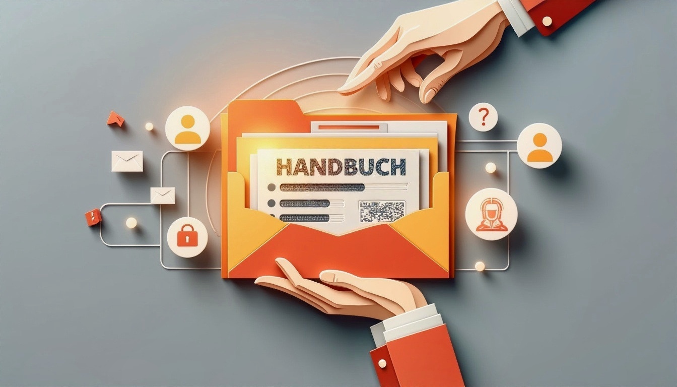 Illustration von Händen, die einen Umschlag mit einem "Handbuch" halten, mit Netzwerk- und Sicherheitssymbolen.