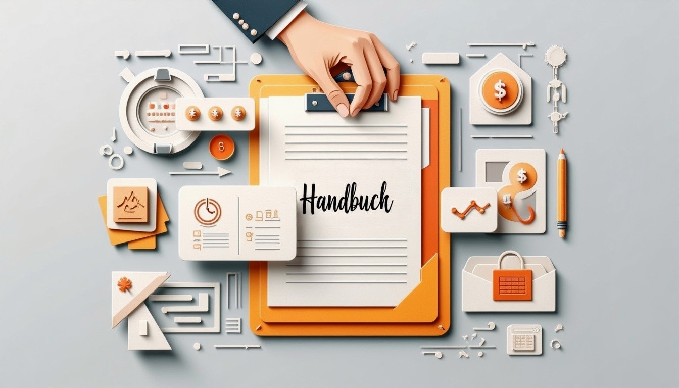 Eine Hand, die ein Klemmbrett mit der Aufschrift "Handbuch" hält, umgeben von Symbolen aus den Bereichen Wirtschaft und Finanzen.