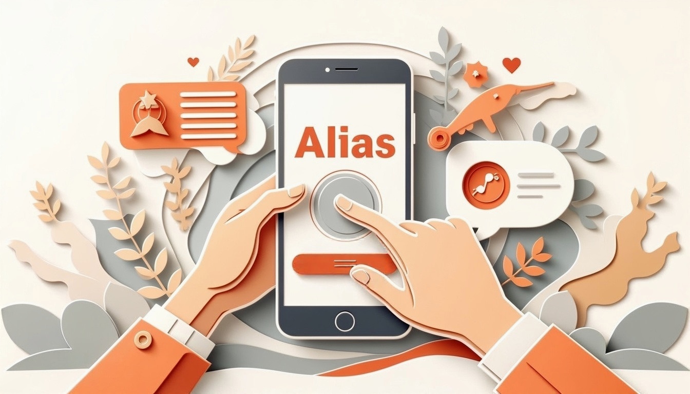 Illustration von Händen, die einen Smartphone-Bildschirm mit "Alias" und Chat-Symbolen in Orange- und Grautönen berühren.