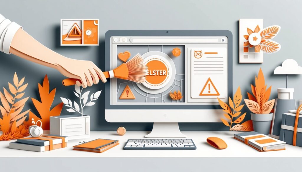 Eine Hand streicht über eine "Löschen"-Taste auf einem Computerbildschirm; orangefarbene Büroartikel und Pflanzen umgeben den Schreibtisch.