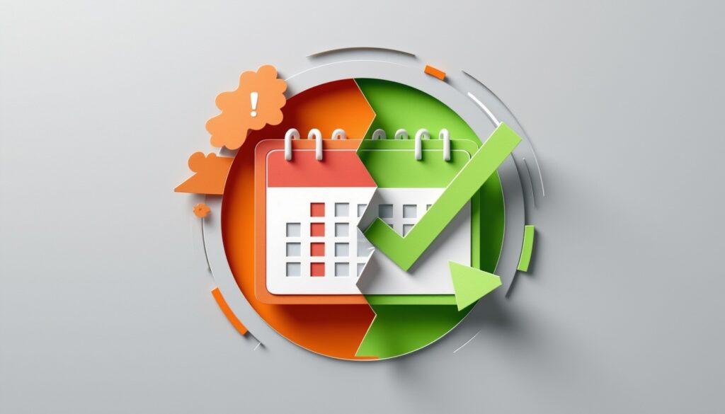 Ein geteiltes Kalendersymbol mit orangefarbener Warnung und grünem Häkchen, das die Terminplanung oder das Terminmanagement symbolisiert.