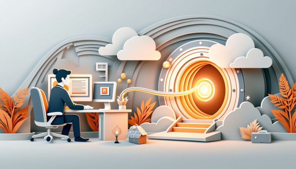 Eine Person an einem Schreibtisch arbeitet an einem Computer in der Nähe eines leuchtenden Portals, umgeben von abstrakten Wolken und Pflanzen.