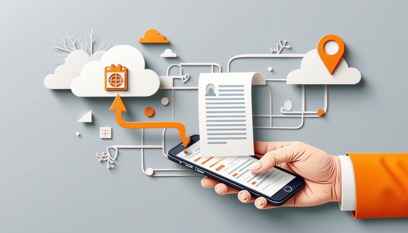 Eine Hand hält ein Smartphone mit digitalen Symbolen für Cloud, Kartennadel und Dokument, die für die gemeinsame Nutzung von Daten stehen.