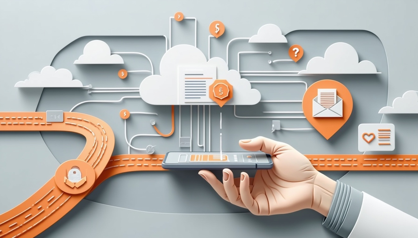 Eine Hand hält ein Smartphone mit Cloud Computing und digitalen Symbolen, die durch orangefarbene und weiße Linien verbunden sind.