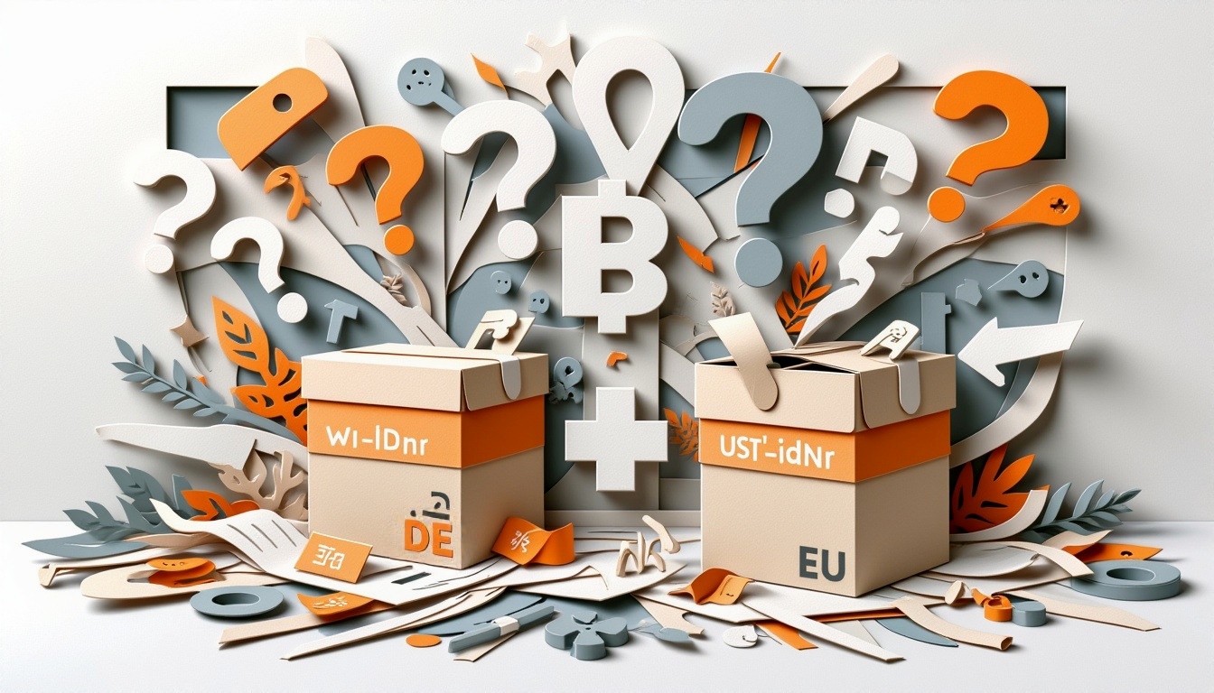 Zwei beschriftete Kästchen, "DE" und "EU", umgeben von Fragezeichen und Symbolen im digitalen, scherenschnittartigen Stil.